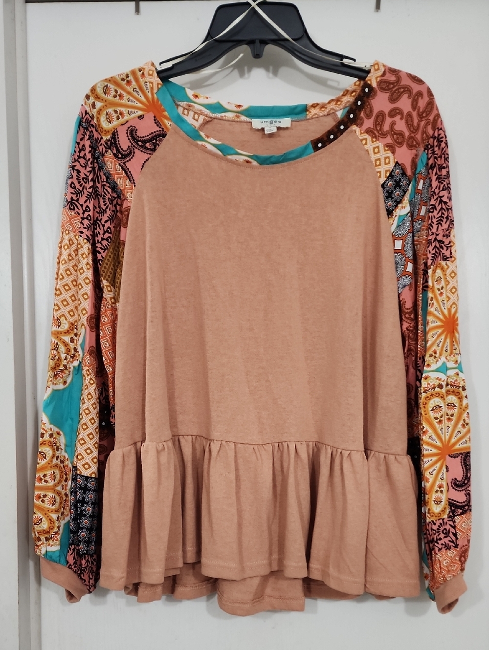 Umgee Taupe Peplum Top with Multicolor Patchwork Sleeves